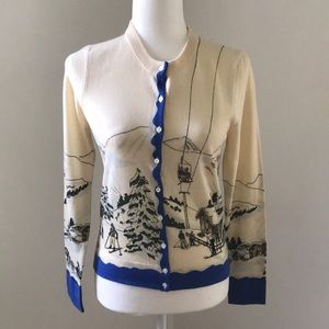 J. Crew Cream/ Blue Ski Scene Cardigan Sweater Sz M
